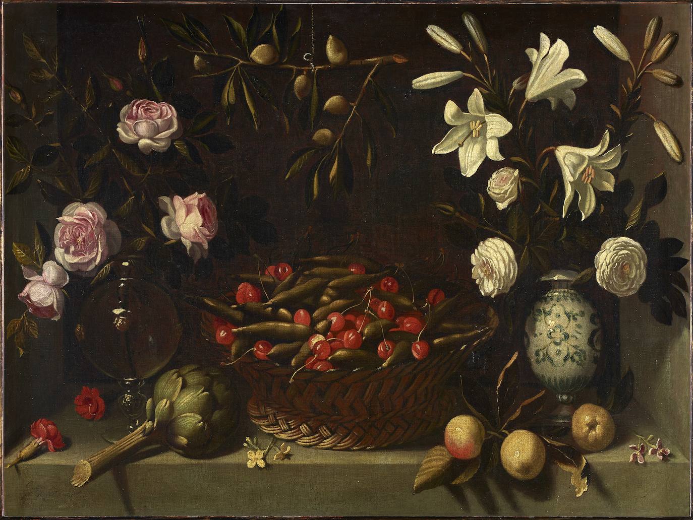 'Cesta de guisantes y cerezas con flores'; Juan Van der Hamen, 1621