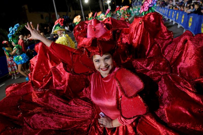 ¡Ha empezado el Carnaval! Y Tenerife, por supuesto, lo celebra por todo lo alto. La espectacular y colorida Cabalgata Anunciadora recorrió esta viernes algunas calles del centro de Santa Cruz de Tenerife, con su reina, Sara Cruz Teja, a la cabeza.