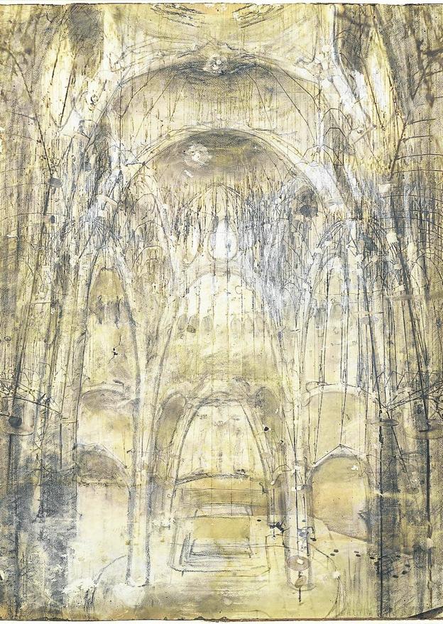 Dibujo de la iglesia proyectada (pero no ejecutada) por Gaudí entre 1908 y 1910. e. c.