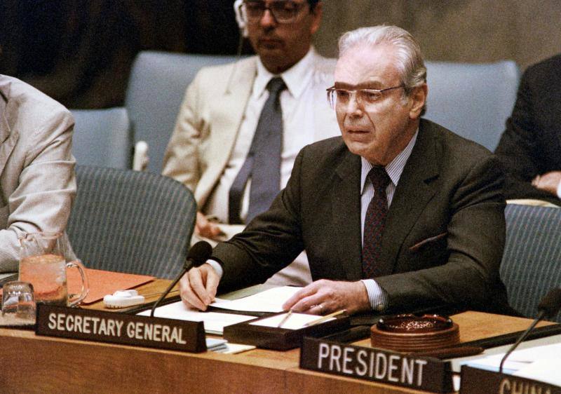 El diplomático ostentó el cargo de secretario general de la ONU desde enero de 1982 hasta diciembre de 1991, siendo el único latinoamericano hasta el momento que ha liderado el organismo