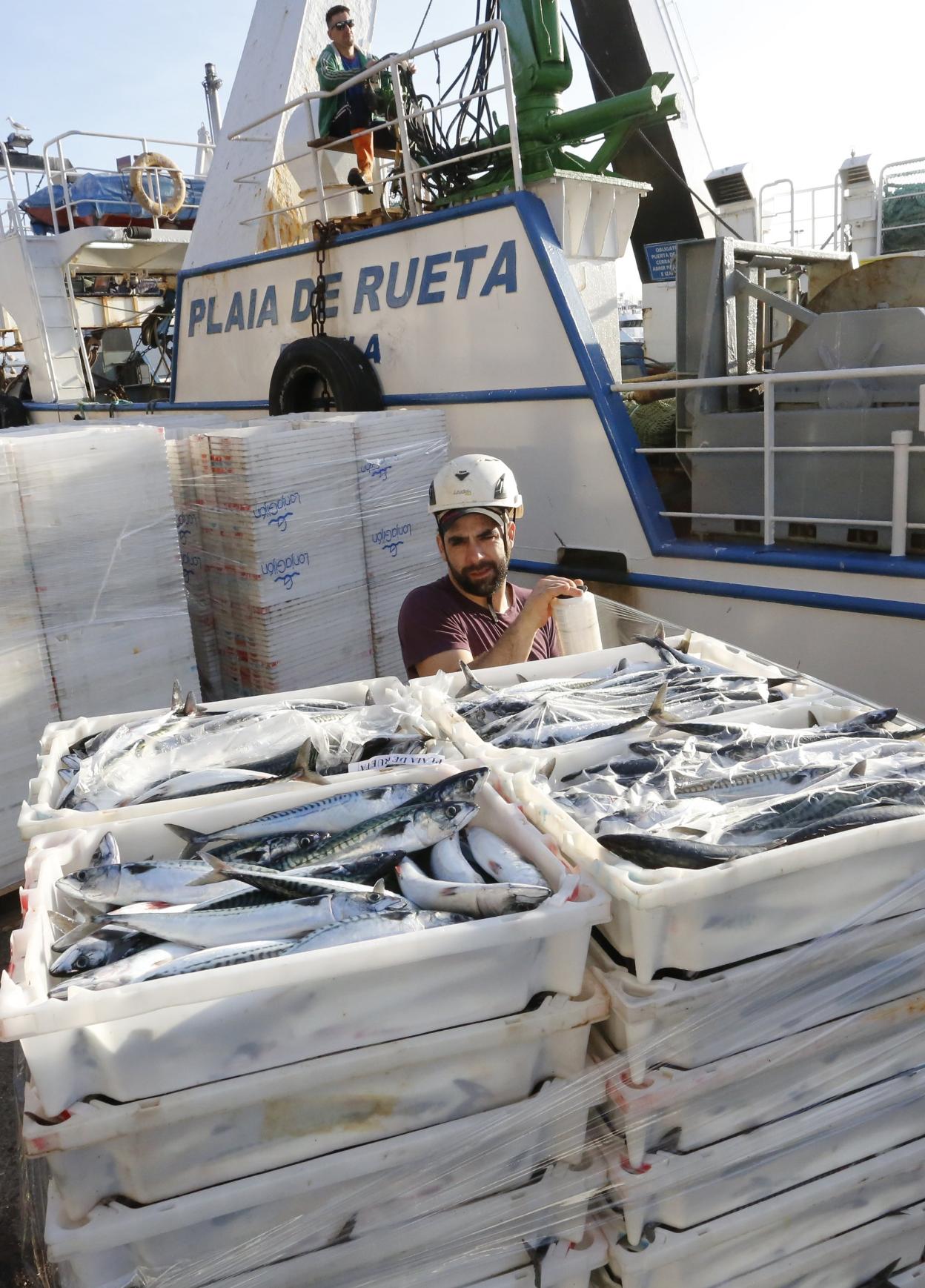 Trabajadores del 'Plaia de Rueta', ayer, en plena descarga. 