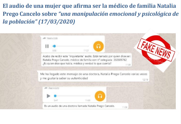 E audio de una mujer que afirma ser la médico de familia de Natalia Prego Cancelo sobre "una manipulación emocional y psicológica de la población" es una noticia falsa.