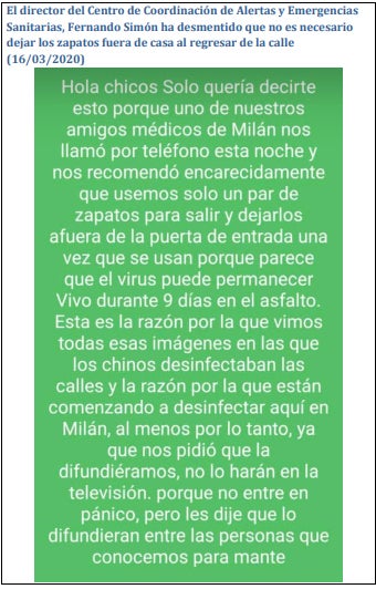 Fernando Simón, director del Centro de Coordinación de Alertas Sanitarias, asegura que «no es necesario dejar los zapatos fuera de casa».. 