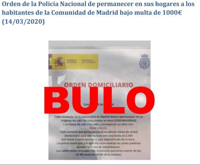 La orden de Policía Nacional de permanecer en sus hogares a los madrileños bajo multas de mil euros también es un bulo. 