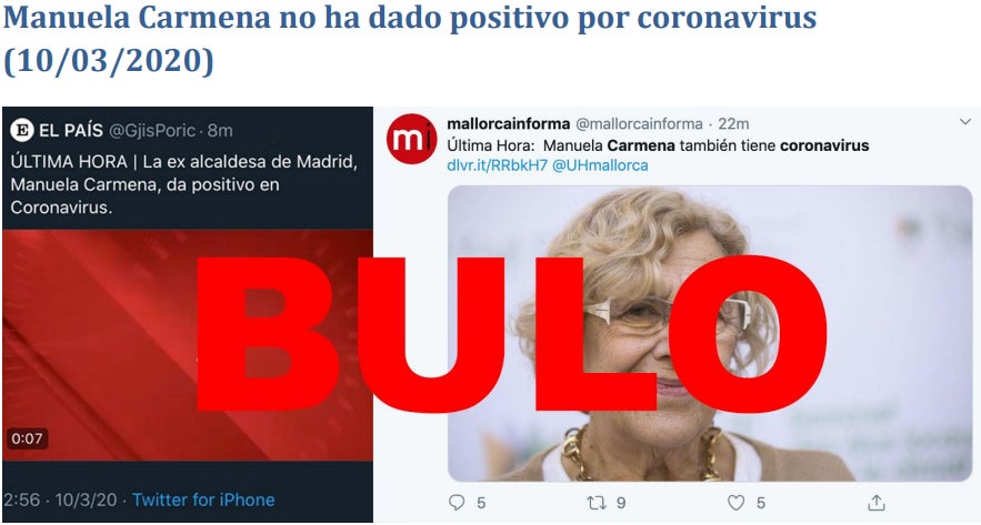 No, la exalcaldesa de Madrid de momento no ha estado contagiada. 