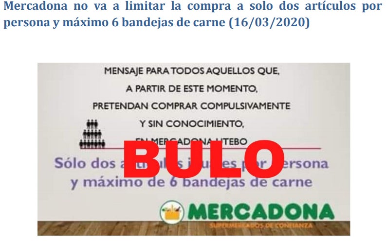 Mercadona no va a limitar la compra a dos productos por persona y a seis bandejas de carne por consumidor. Es un bulo. 