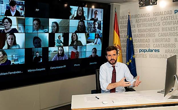 Imagen cedida por el PP de la rueda de prensa telemática de Casado. 