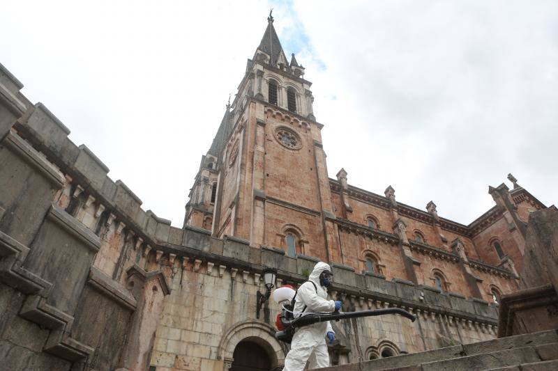 En la lucha contra el nuevo coronavirus no hay espacio que se libre de la lejía. Si en los últimos días se hizo habitual la imagen de personal enfundado en buzos de protección rociando con soluciones desinfectantes todo tipo de espacios, públicos y privados, ayer el escenario era el Santuario de Covadonga. Una estampa que pocos pudieron contemplar, pues el Real Sitio permanece prácticamente vacío, con la única excepción de los religiosos que allí residen y algunos trabajadores, desde la declaración del estado de alarma. Una estampa del todo inusual, más aún en esta época del año, que la presencia de un operario municipal pertrechado con un mono de protección, guantes, mascarilla y una mochila de fumigar hizo todavía más extraño.