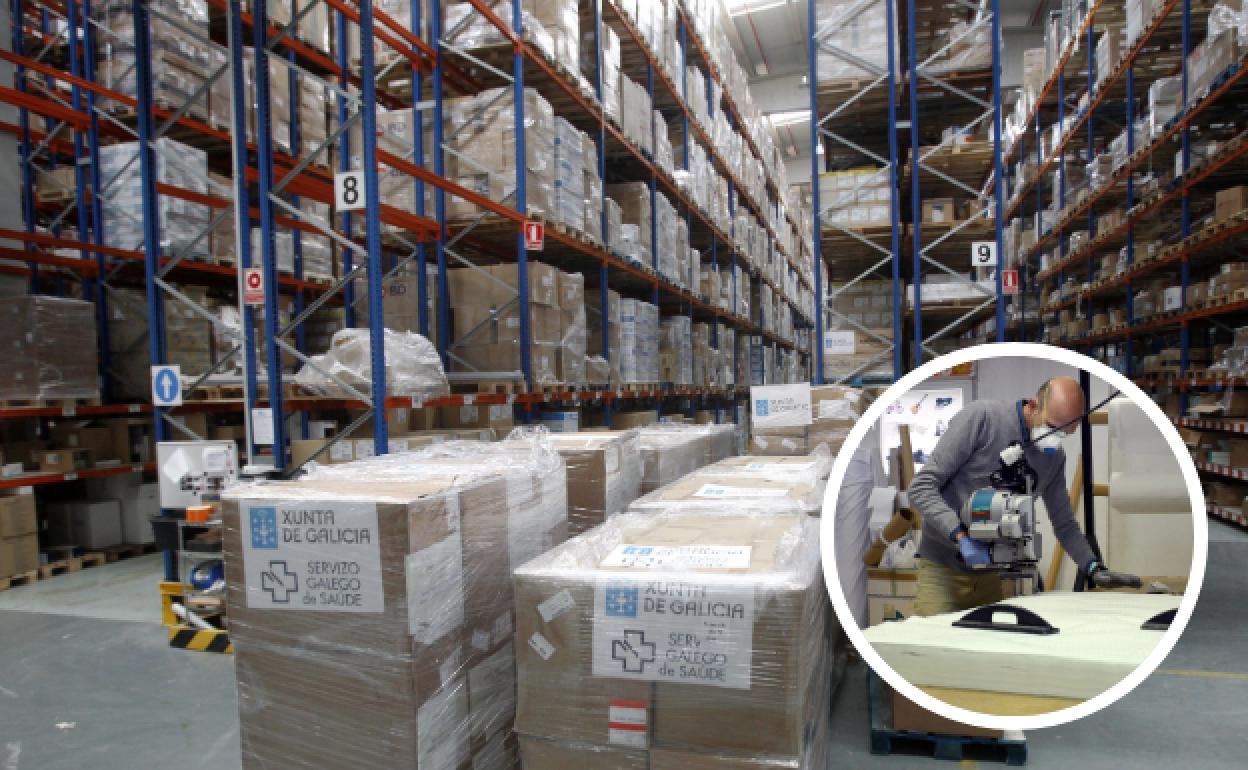 Arriba. Material sanitario comprado por la Xunta, Inditex y Grupo Caamaño. Abajo. Un voluntario fabrica mascarillas en una empresa de Segovia. 