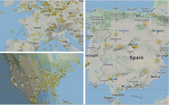 Comparativa del tráfico aéreo en España, Europa y EE UU a las 12 horas de este lunes.