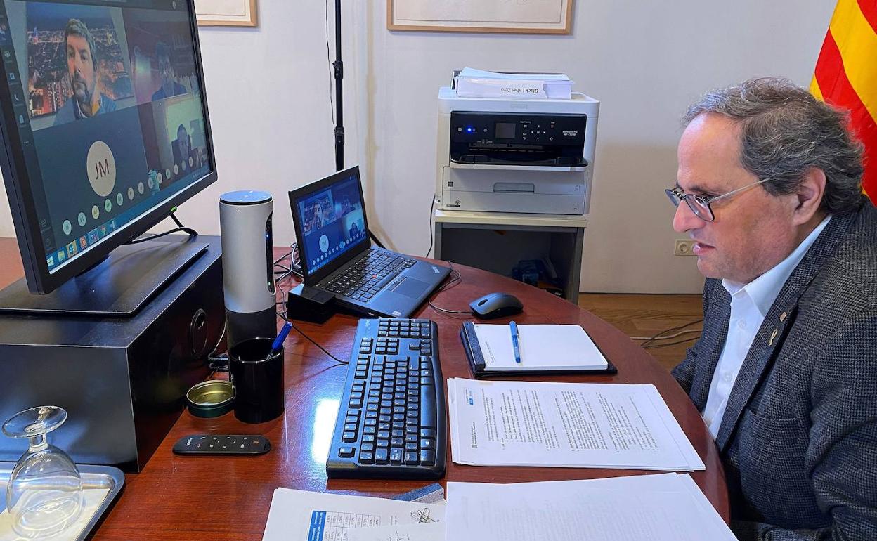 El presidente de la Generalitat, Quim Torra, durante una videoconferencia esta semana.