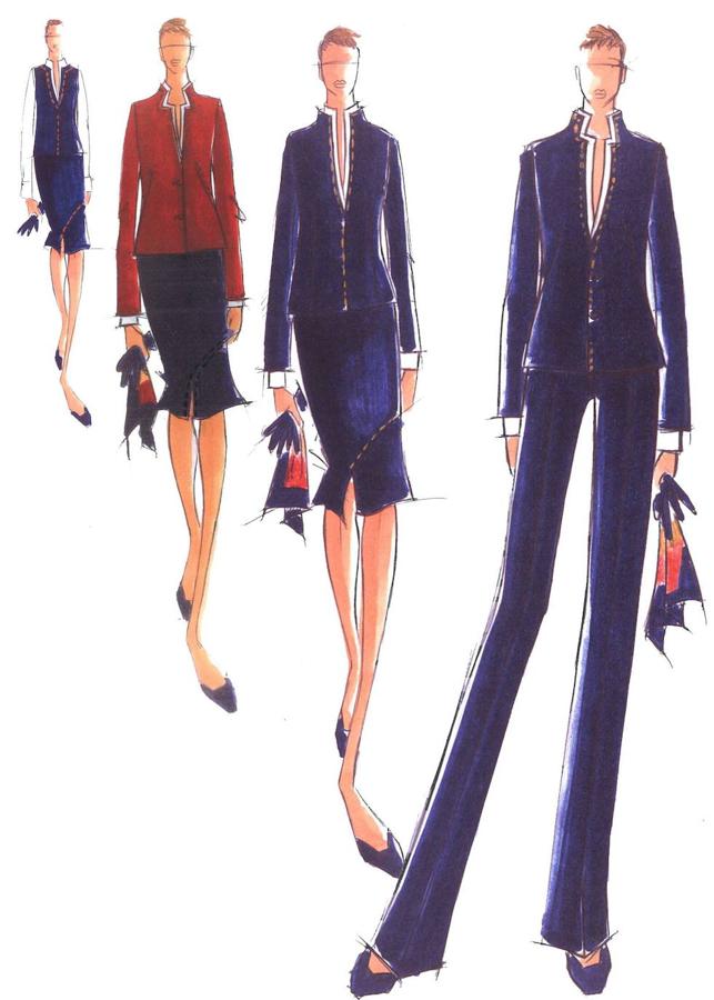 Los bocetos de Adolfo Domínguez con los nuevos uniformes que el gallego diseñó en 2004 para el personal de vuelo femenino de Iberia y en los que por primera vez se proponía el pantalón para las azafatas.