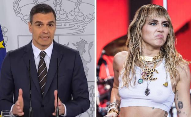 El presidente del Gobierno, Pedro Sánchez (izq), y la cantante Miley Cyrus (dcha) 