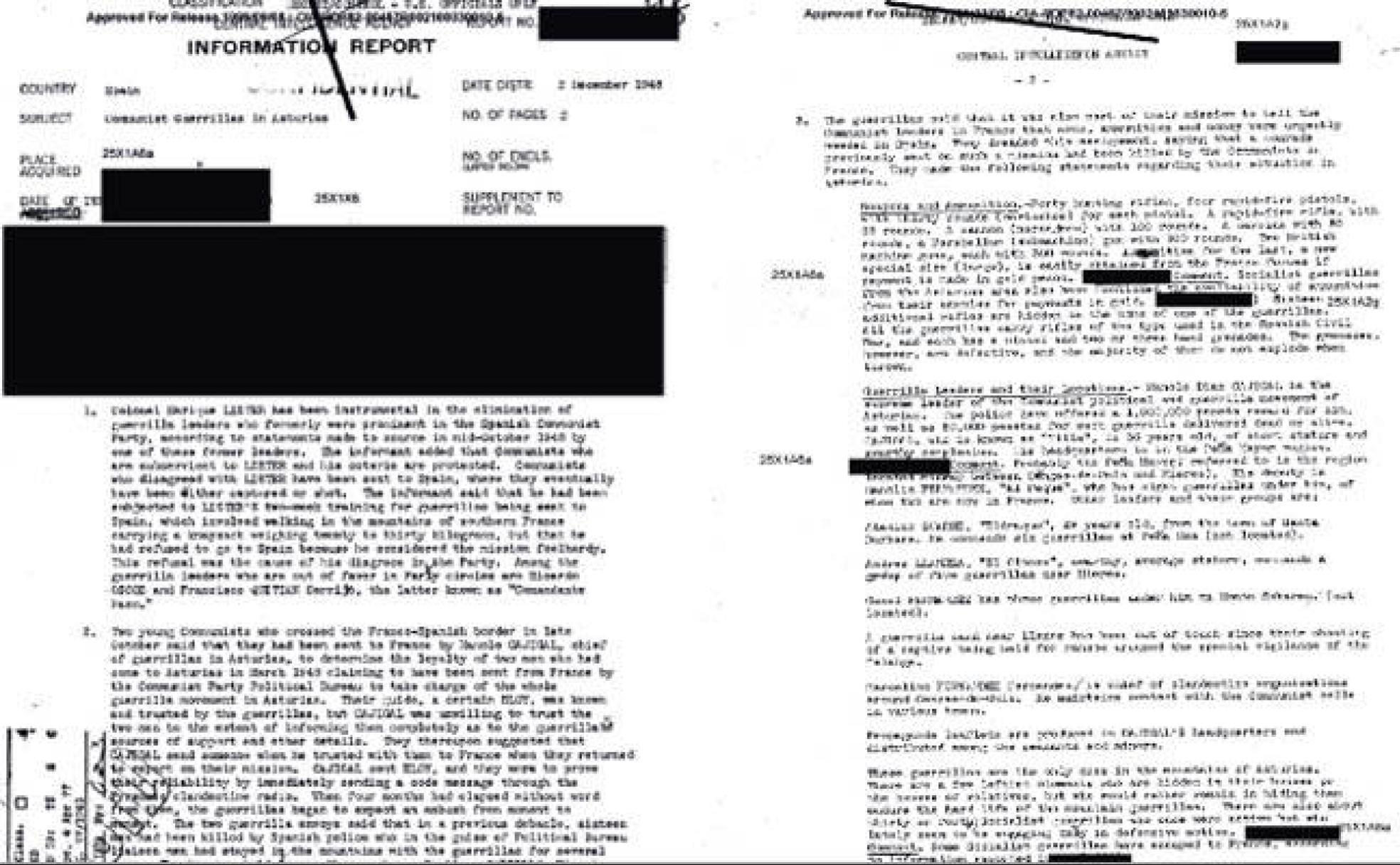El documento desclasificado. Encabezado por el epígrafe 'Communist guerrillas in Asturias', el informe está fechado el 2 de diciembre de 1948 y consta de tres páginas en las que los nombres de los informantes aparecen tachados en negro para proteger a los topos y a sus familias