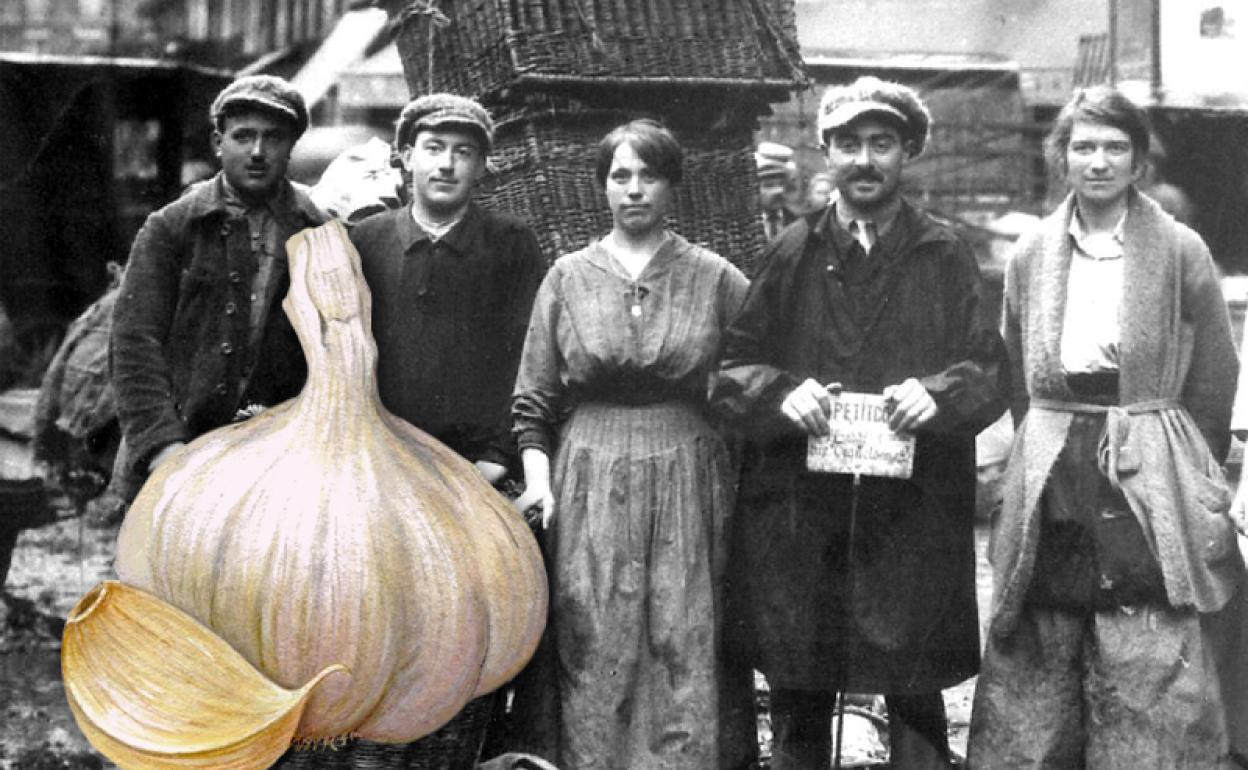 Vendedores de verduras de Les Halles, ca. 1915 (Pinterest) e ilustración de ajos.