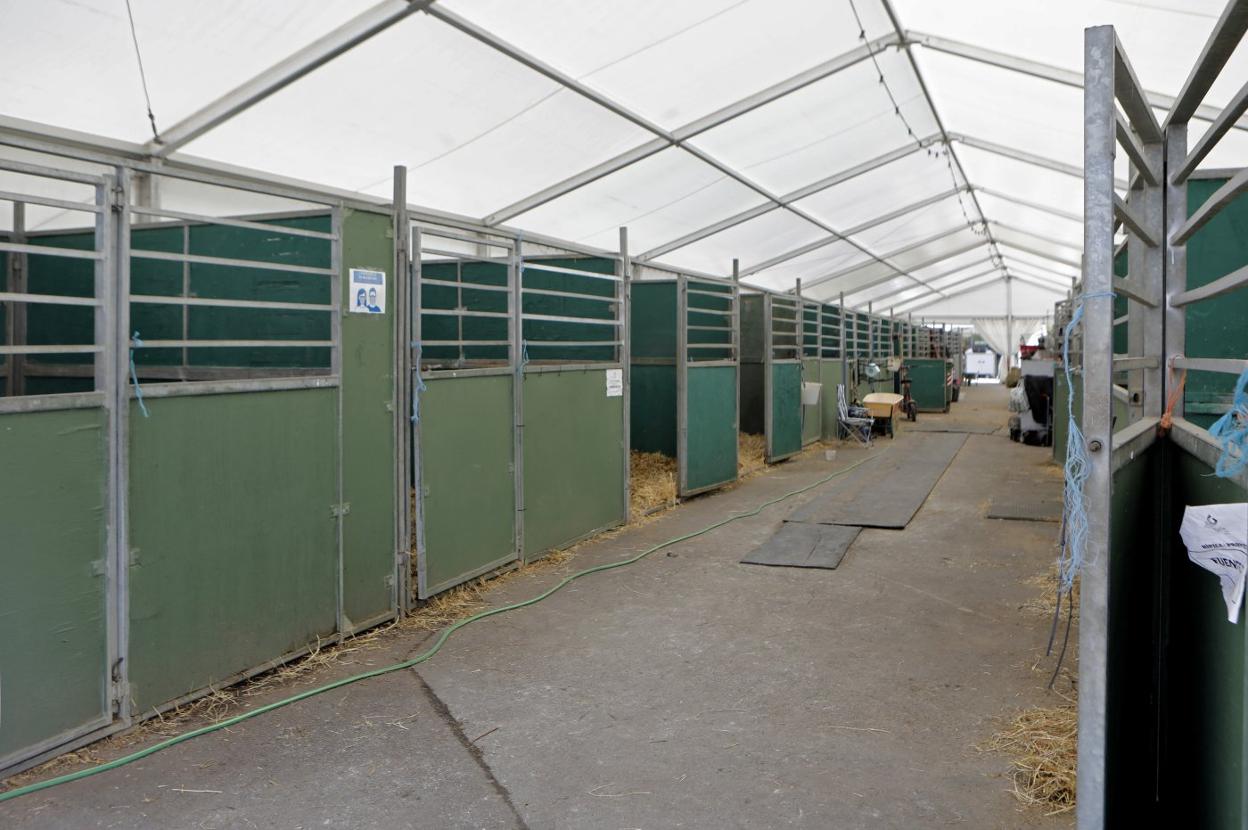 Las cuadras del Chas, vacías tras hacerse pública la suspensión de la última jornada del Gijón Horse Jumping. 