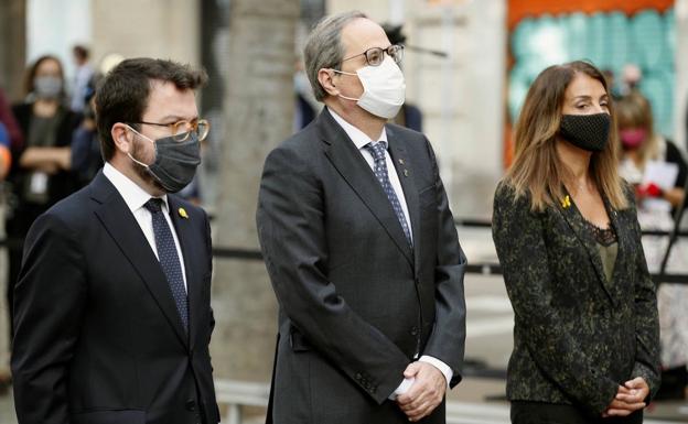 Quim Torra, Pere Aragonès y Meritxell Budó, en los actos de la Diada.