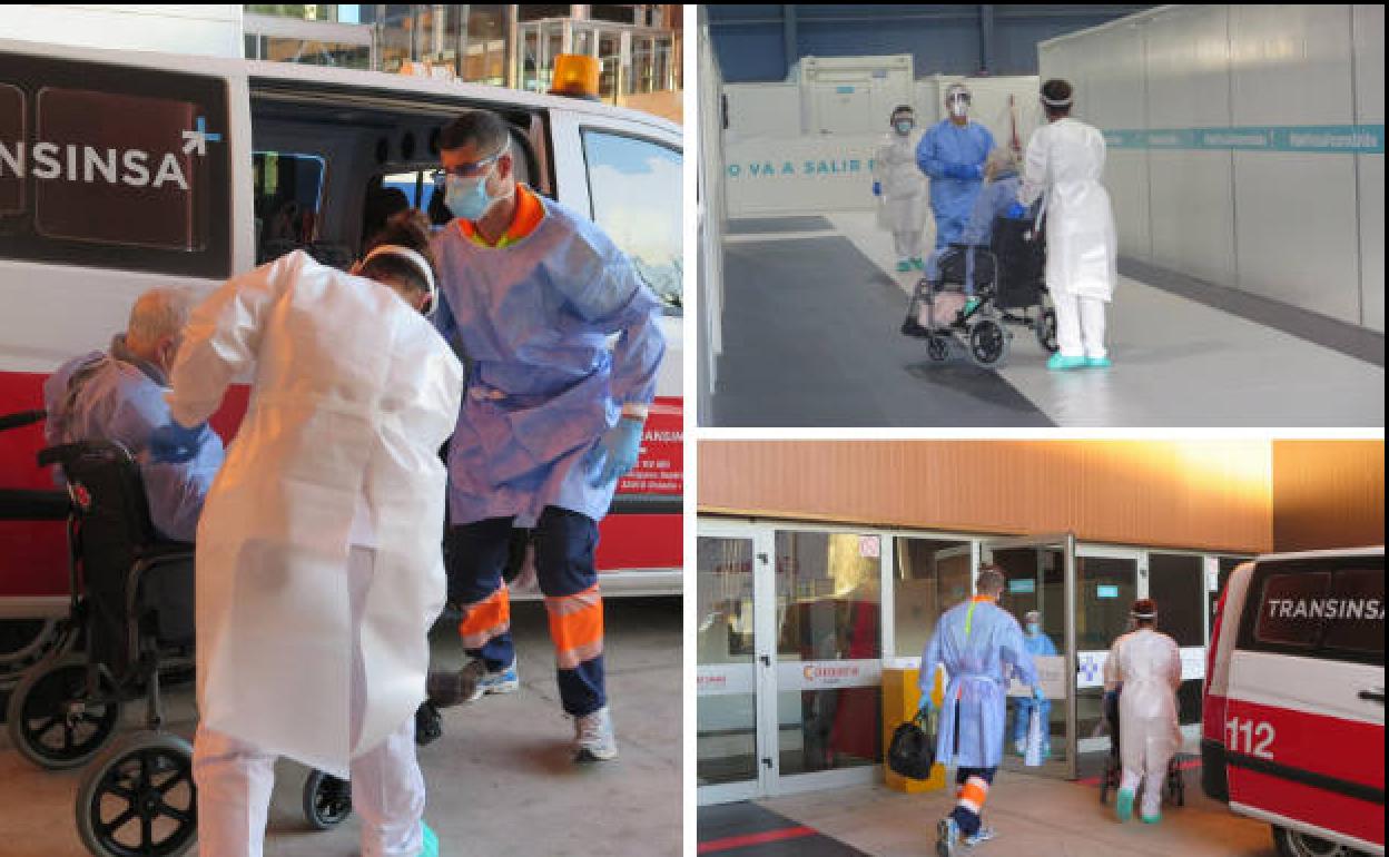 Momento de la llegada del hombre al recinto ferial en ambulancia.