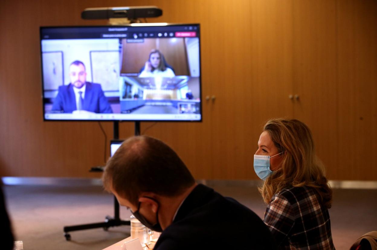 Teresa Mallada y Pablo Álvarez-Pire, durante la reunión en la que Barbón, Llamedo y Cofiño participaron de forma telemática. 