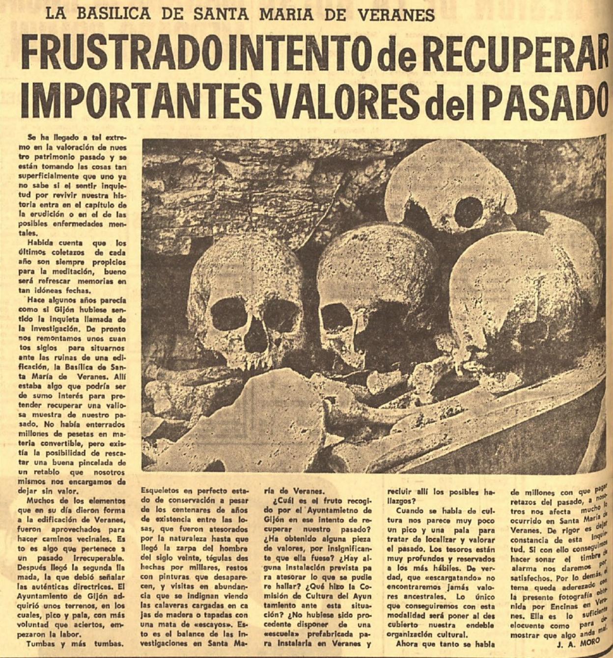Restos humanos hallados en la necrópolis de Veranes en 1970.
