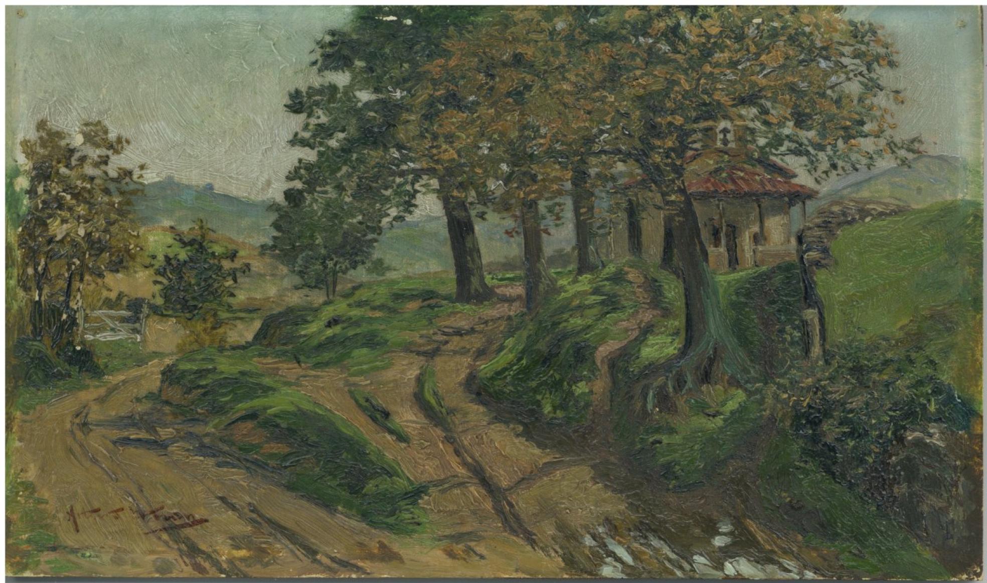 Óleo de la ermita de la parroquia de Santiago de Areñes que primero pintó con acuarela.