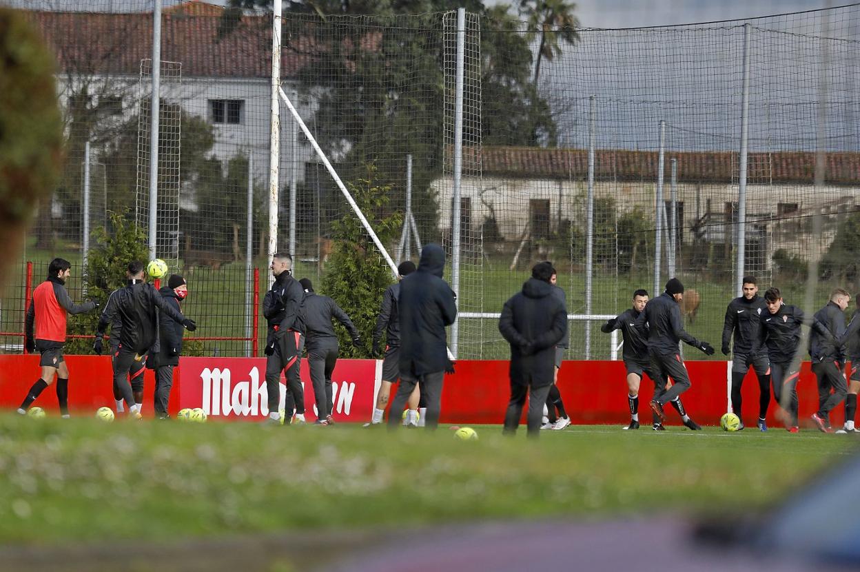 Varios de los jugadores del Sporting disponibles, antes del último entrenamiento de la semana previo al partido de Lugo. 