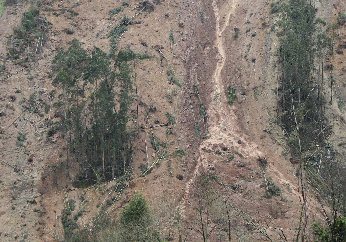 La ladera de un monte de Villaviciosa se derrumba por completo, sepultando parte de un camino