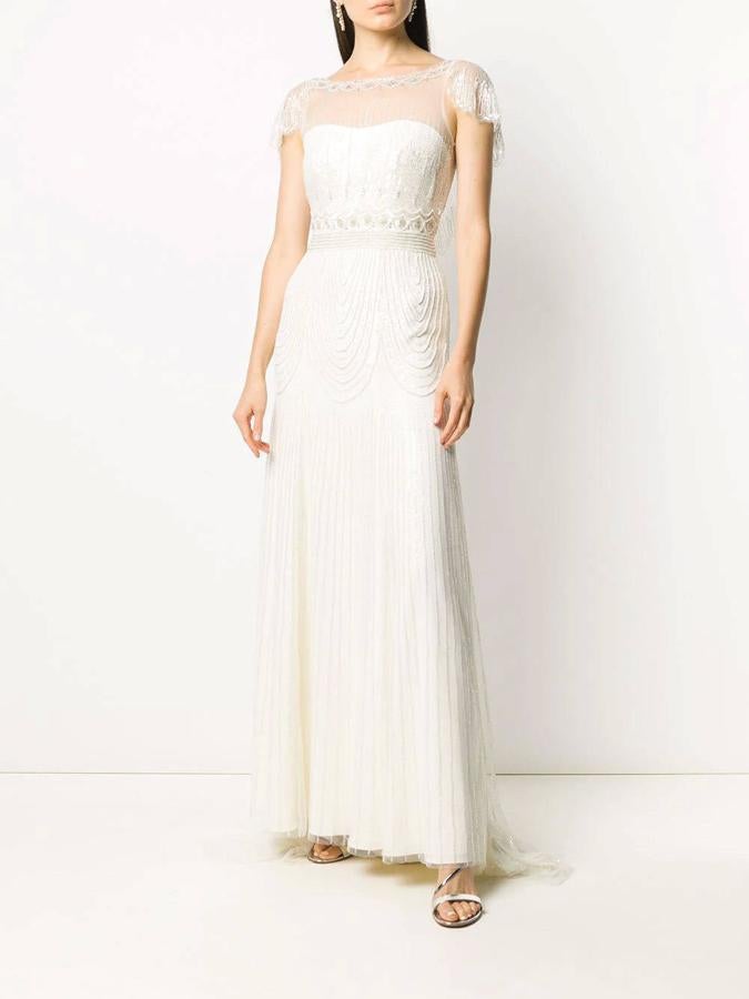 Vestido 'Dolly' con cuello redondo, capa de tul y mangas con volante de Jenny Packham, antes 4.898 euros y ahora 2.694 euros