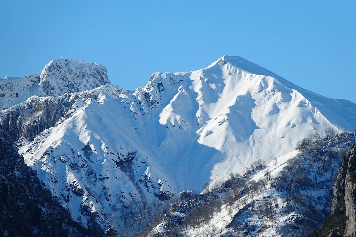 El Grupo Especial de Intervención en Montaña (Greim) ayuda a una yegua aislada por las intensas nieves caídas en los Picos de Europa