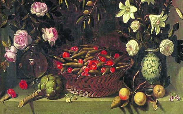 Imagen principal - Juan van der Hamen y León. 'Cesta de guisantes y cerezas con floreros'. Esteban Vicente. Sin título. Círculo del Maestro de la Visitación y Maestro de Oña (Fray Alonso de Zamora). 'Retablo de la Flagelación de Leonor de Velasco'.