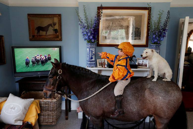 Merlin Coles, de 3 años, ve las carreras de caballos de Royal Ascot en la televisión de su casa, mientras está sentado en su caballo Mr Glitter Sparkles con su perro Mistress, en Bere Regis, Dorset, Gran Bretaña.