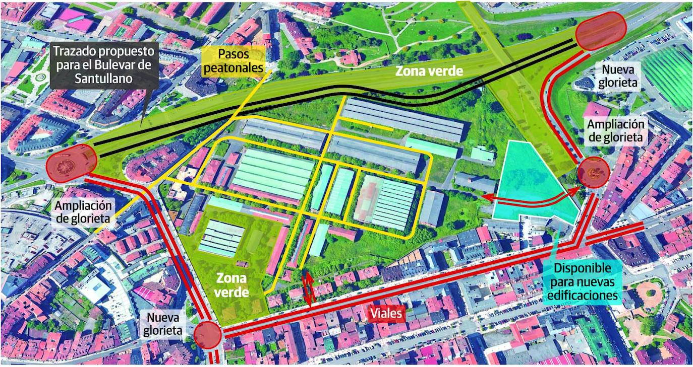  Opción C. El Bulevar de Santullano correría pegado a la nave del taller de Cañones y aproximándose lo más posible al recinto fabril pero sin atravesarlo. Aleja el tráfico menos de la iglesia que las otras opciones, pero no divide la zona verde. En cambio, afecta a la continuidad del itinerario peatonal y ciclable previsto para unir el centro de la ciudad con el HUCA a través de los terrenos de la factoría.