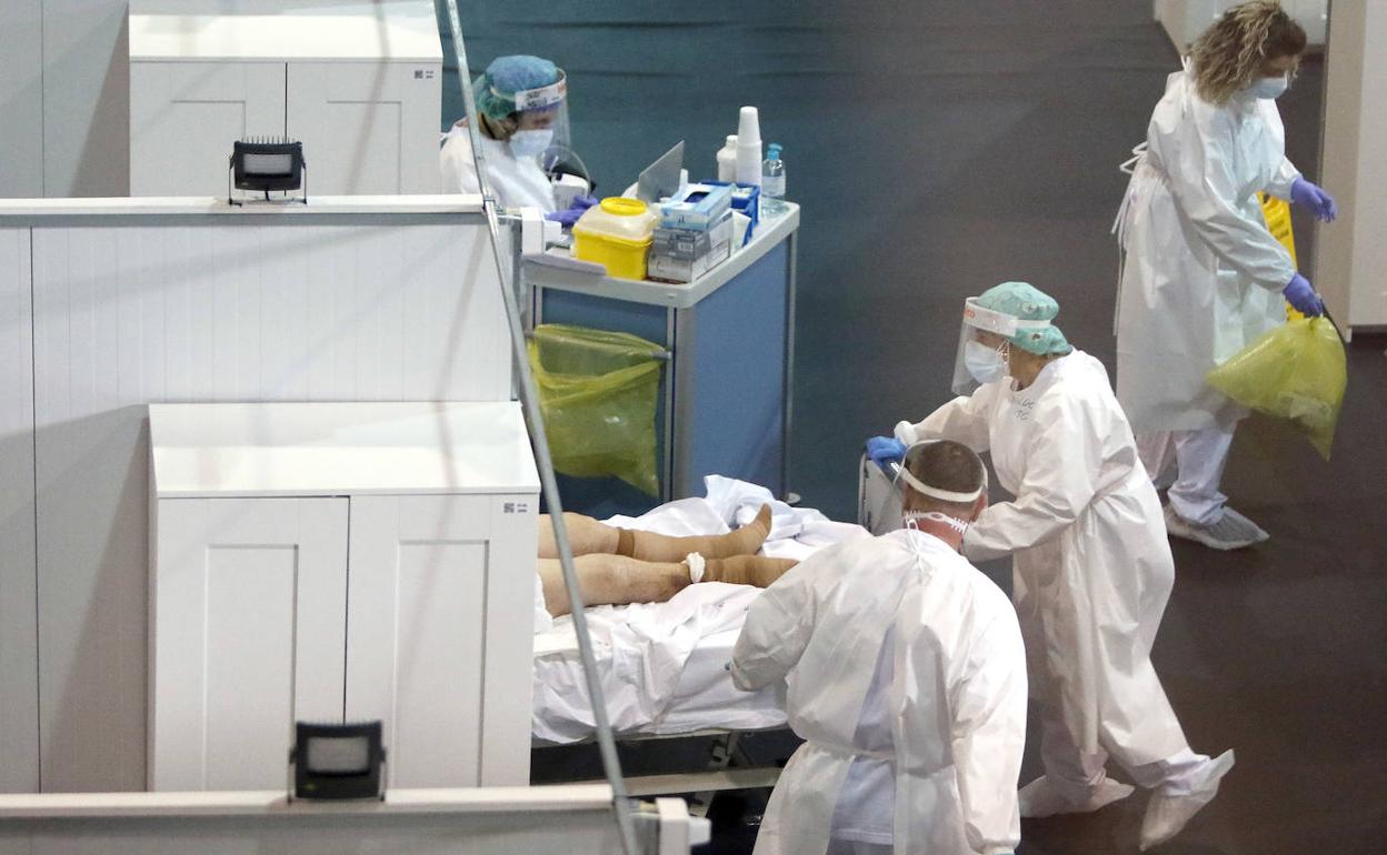 Profesionales sanitarios atienden a un paciente en le hospital de la feria de Gijón, el conocido como el H144.