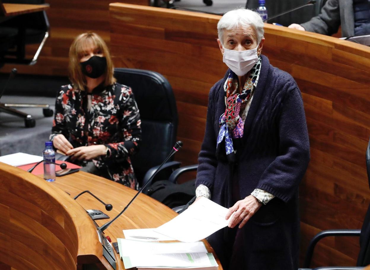 Carmen Suárez, durante su intervención en la Junta, junto a la consejera de Presidencia, Rita Camblor. 