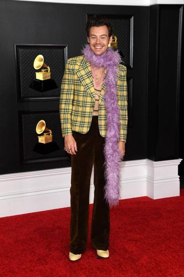 Harry Styles prefirió este estilismo tipo retro de Gucci y en el que lo que más llamó la atención fue su boa de plumas en color lila.