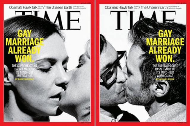 En 2013, la revista TIME hizo historia llevando a su portada, que publicó en dos versiones, besos homosexuales, en un apoyo explícito al atrimonio entre personas del mismo sexo. "El matrimonio gay ya ha ganado. La Corte Suprema aún no ha decidido, pero América sí", titulab la publicación.