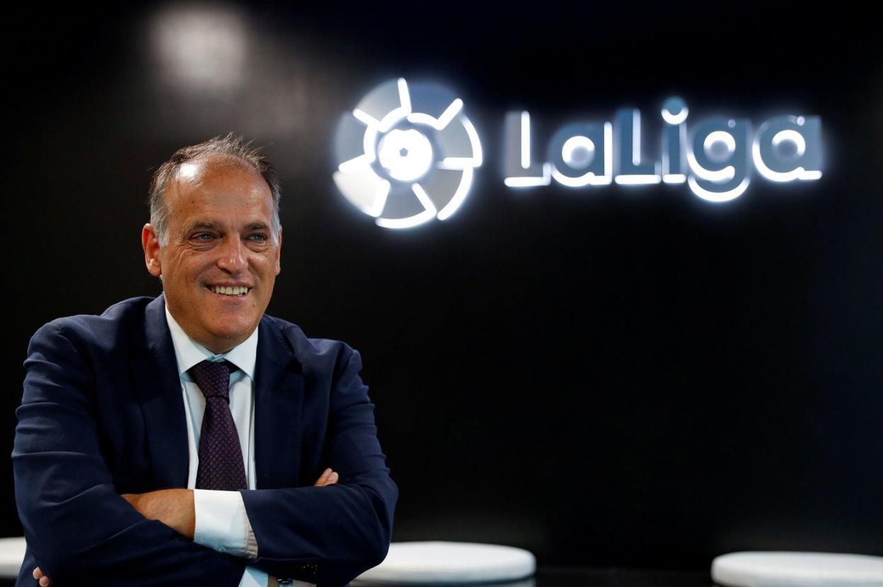 Javier Tebas, presidente de la Liga de Fútbol Profesional, en la sede de la patronal en Madrid. 