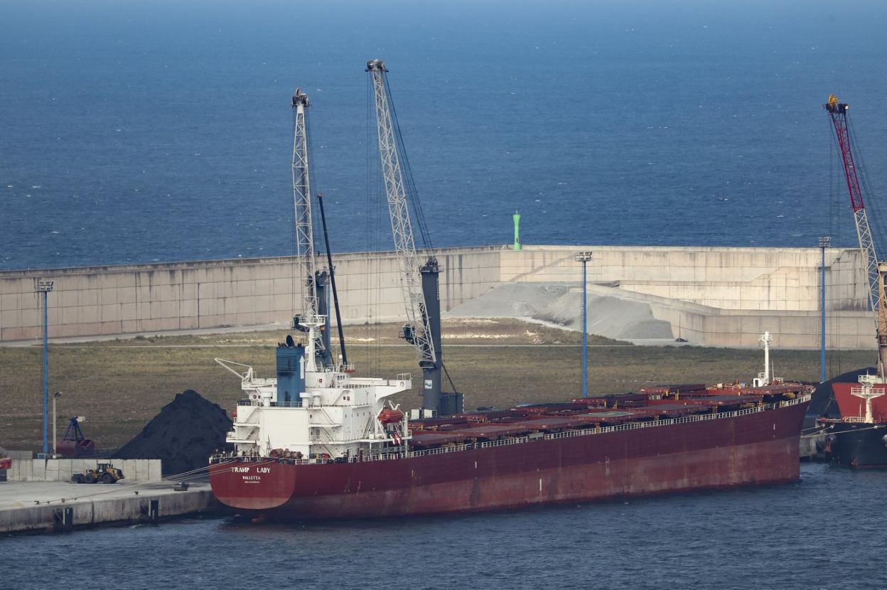 El buque 'Tramp Lady', ayer, amarrado en el muelle Norte de la ampliación de El Musel junto a unas parvas de carbón. 
