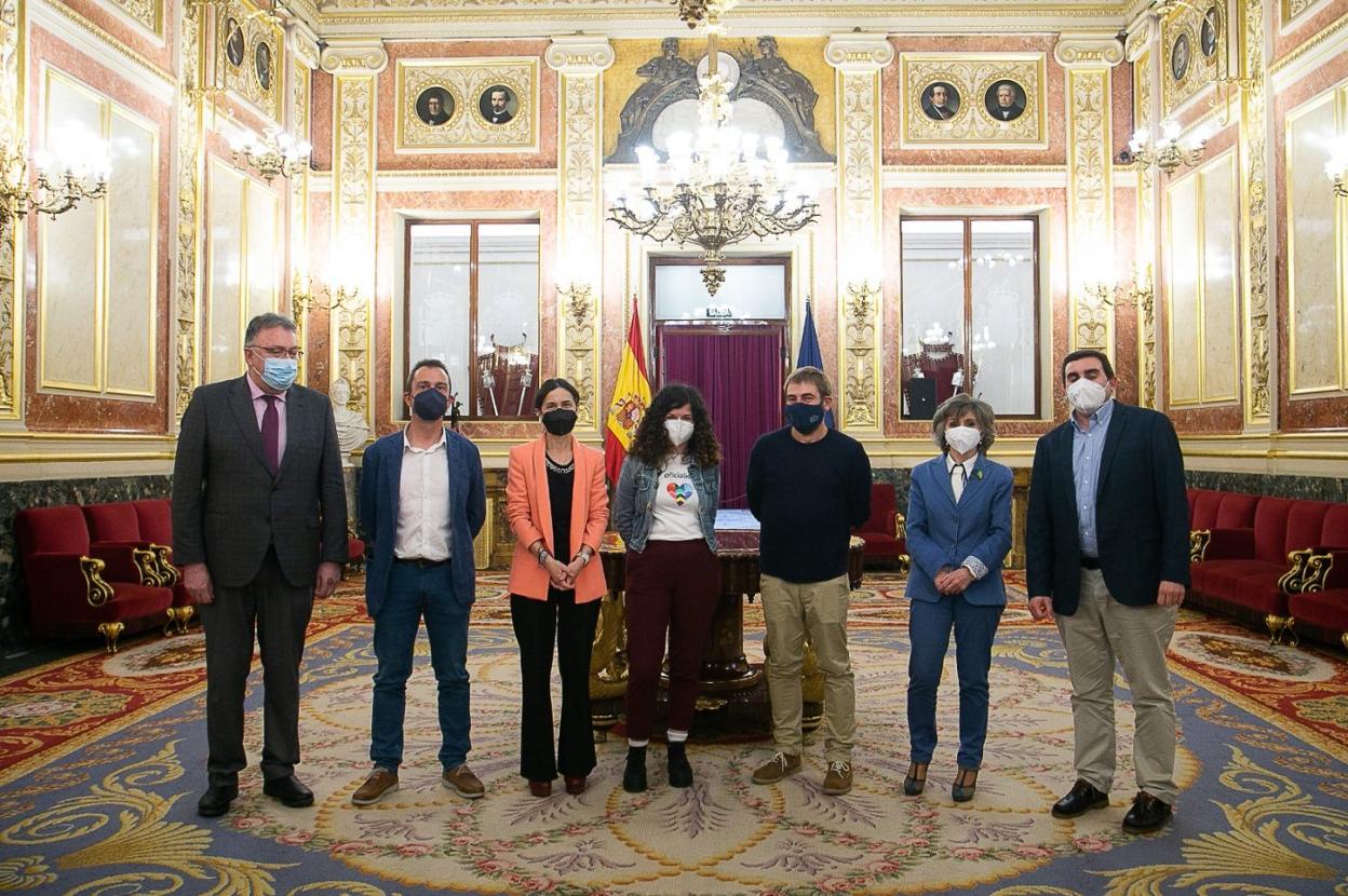 Oblanca (Foro), Zapico (IU), Dolores Carcedo (PSOE), Castañón (Unidas Podemos), Ripa (Podemos Asturies), María Luisa Carcedo (PSOE) y Roberto García Morís (PSOE), ayer, en el Congreso. 