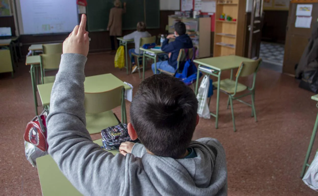 Un niño levanta la mano en un aula. 