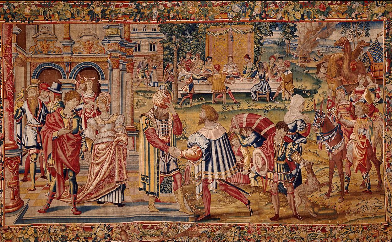 'Gabael llega a Ecbatana para presenciar la boda de Tobías y Sara' (353x610 cm). Tapiz tejido posiblemente en Bruselas, h. 1535-1550. Modelo atribuido al Maestro del Hijo Pródigo (activo en Amberes entre 1530-1560).