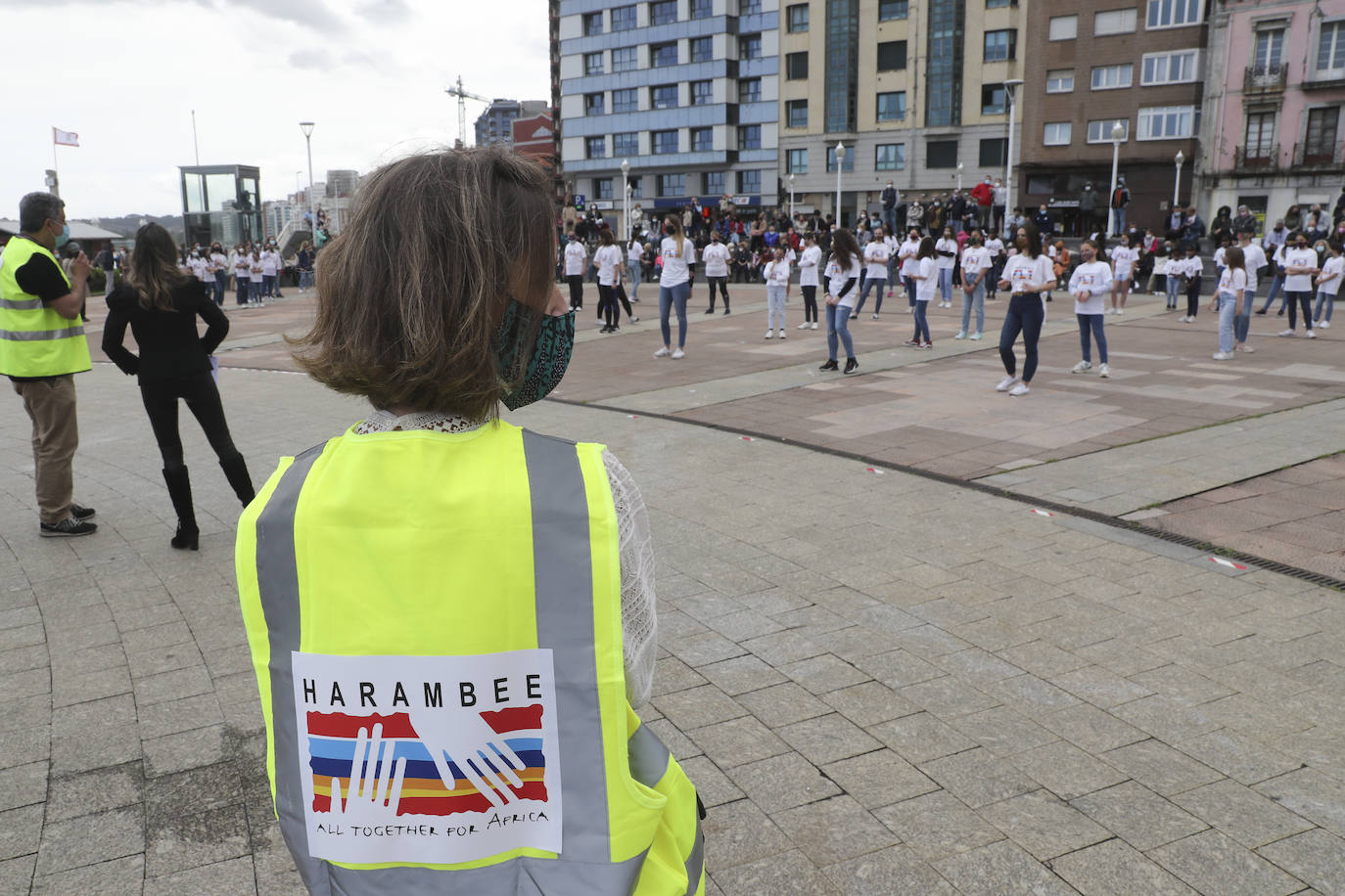 La ONG Harambee Asturias ha reunido a un nutrido grupo de personas en los Jardines del Náutico, en Gijón, para participar en el flashhmob 'Todos a una', cuyo objetivo es concienciar sobre la prevención y la lucha contra el SIDA en África. 