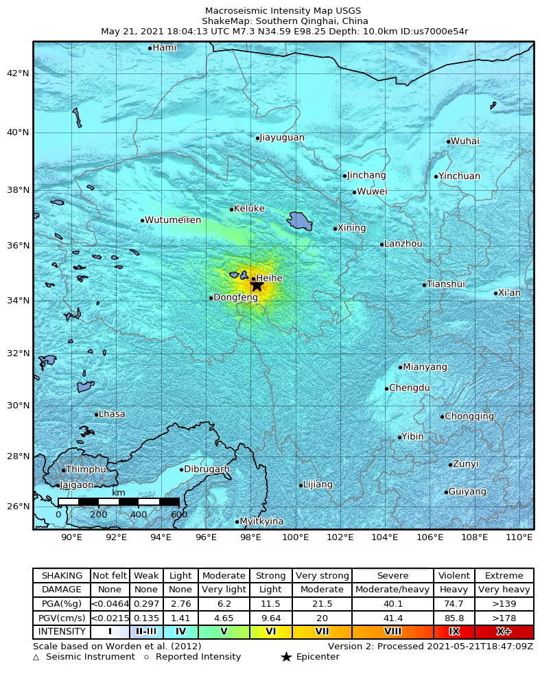 Un terremoto de magnitud 7.3 golpea el sur de la provincia de Qinghai, China.