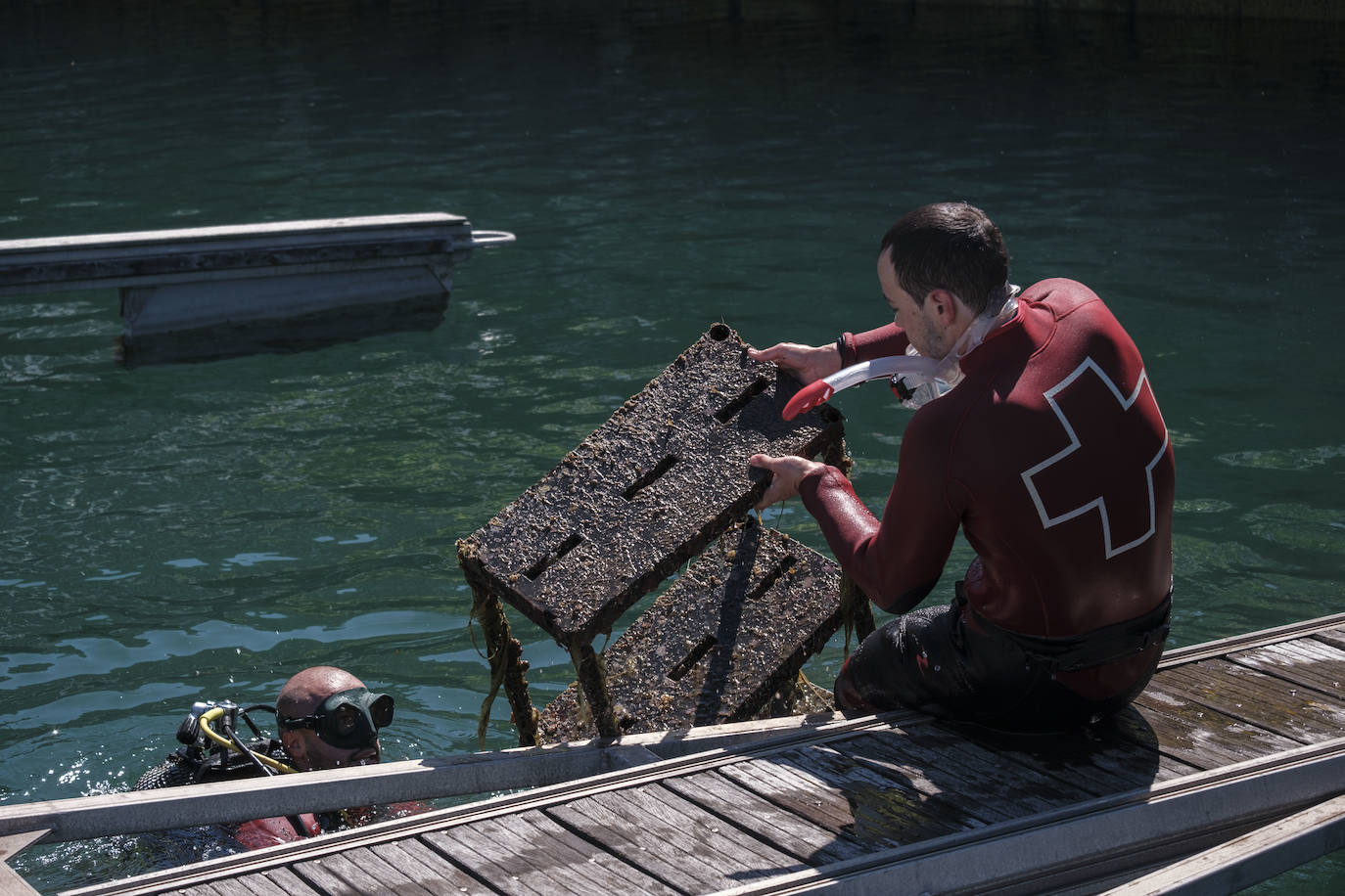 Con motivo del Día Mundial del Medioambiente, una veintena de buzos voluntarios procedió a retirar los residuos del fondo marino de la dársena interior del Puerto Deportivo de Gijón. Llegaron a sacar a tierra baterías, carros de la compra y hasta una bicicleta.