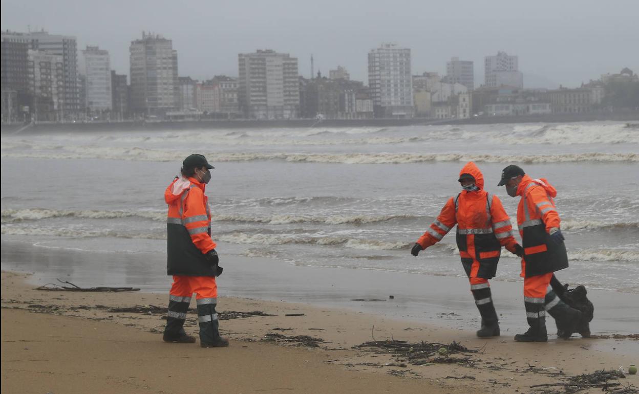 Trabajos de limpieza en la playa de San Lorenzo durante el temporal 