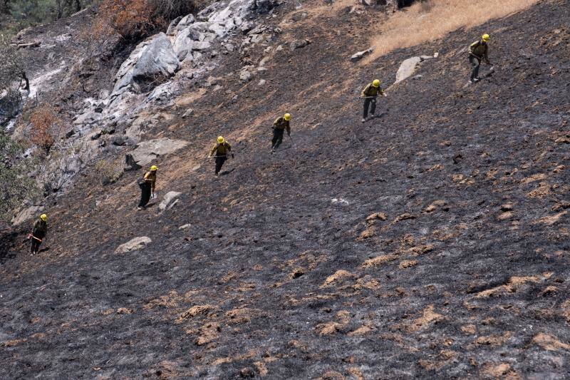 Los bomberos y los equipos de limpieza de California luchan contra los estragos que ha dejado el último incendio en el condado de Mariposa. Las altas temperaturas de la región están dificultando la extinción del fuego, que ya lleva más de 3.200 hectáreas calcinadas