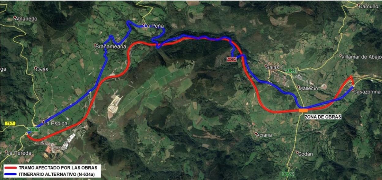 Mapa del trazado diseñado por el Gobierno para que los transportistas de vehículos pesados se desvíen por el arreglo del puente en la N-634. 