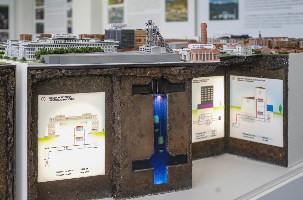 Hunosa. Presenta estand renovado, en sintonía con la transformación de la compañía minera a grupo empresarial centrado en las nuevas energías. La pieza central, una maqueta del sistema de geotermia del pozo Barredo.
