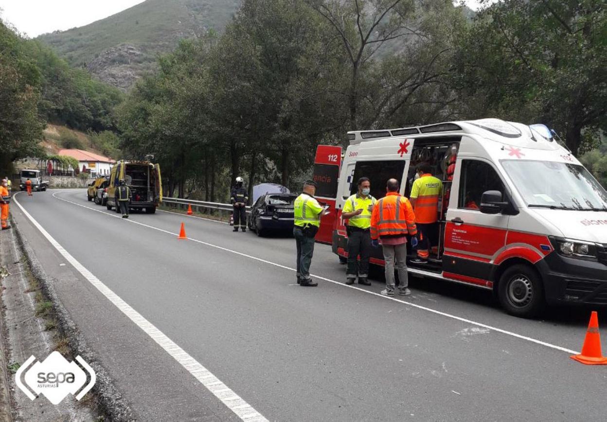 Sanitarios, agentes de la Guardia Civil y bomberos, en el lugar del accidente en la AS-15, en Tineo. 