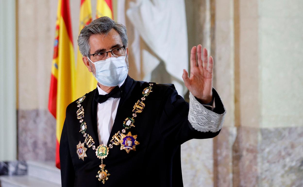 El presidente del Tribunal Supremo y del Consejo General del Poder Judicial, Carlos Lesmes, durante la celebración del acto de apertura del Año Judicial. 